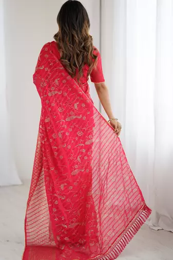 georgette printed foil work with small zalar lace saree & unstitched blouse piece