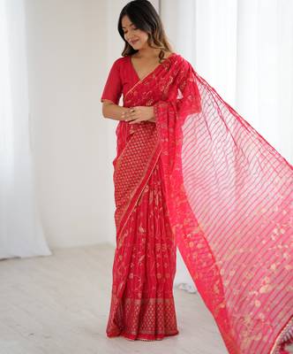 georgette printed foil work with small zalar lace saree & unstitched blouse piece 5