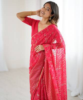georgette printed foil work with small zalar lace saree & unstitched blouse piece 6