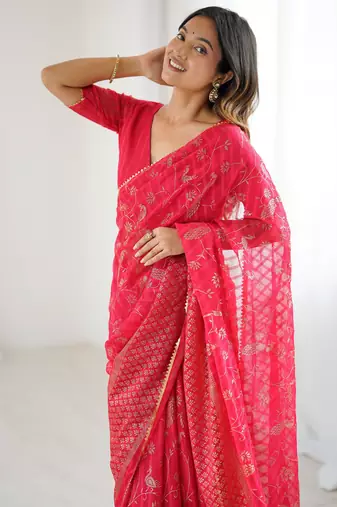 georgette printed foil work with small zalar lace saree & unstitched blouse piece