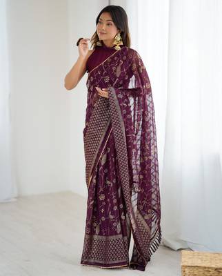 georgette printed foil work with small zalar lace saree & unstitched blouse piece 1