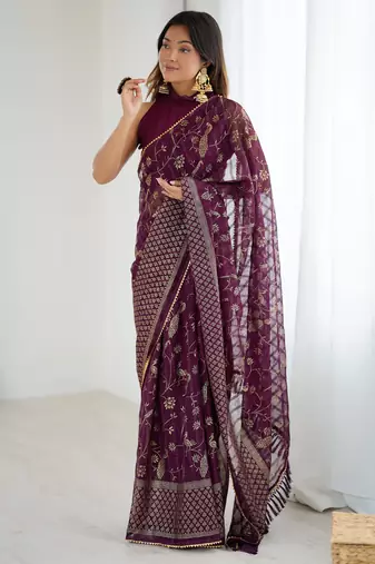 georgette printed foil work with small zalar lace saree & unstitched blouse piece