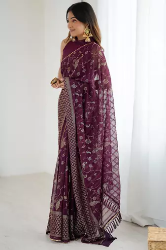 georgette printed foil work with small zalar lace saree & unstitched blouse piece