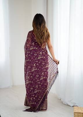 georgette printed foil work with small zalar lace saree & unstitched blouse piece 4