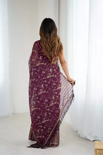 georgette printed foil work with small zalar lace saree & unstitched blouse piece