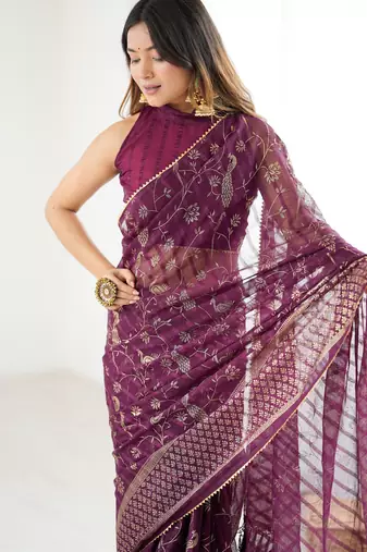 georgette printed foil work with small zalar lace saree & unstitched blouse piece
