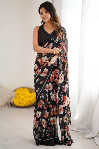 bright moss satin patta printed saree