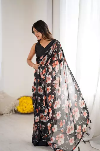 bright moss satin patta printed saree