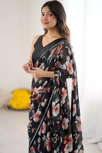 bright moss satin patta printed saree