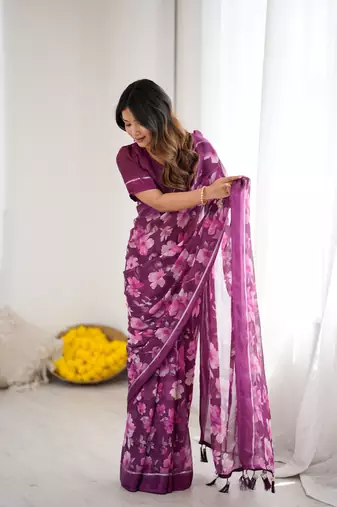 bright moss satin patta printed saree