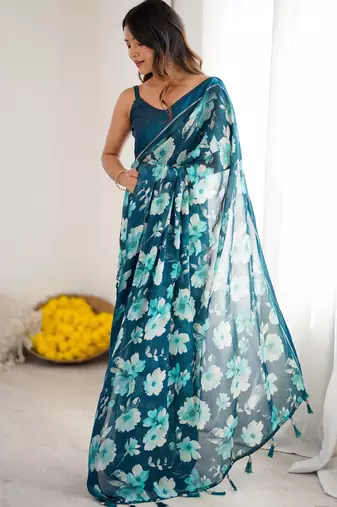 bright moss satin patta printed saree