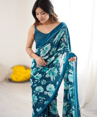 bright moss satin patta printed saree 4