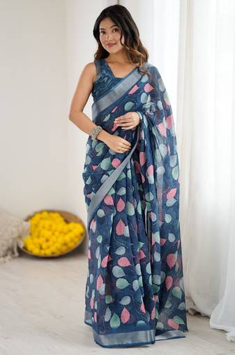 linen patta printed saree