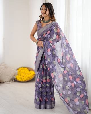 linen patta printed saree 3