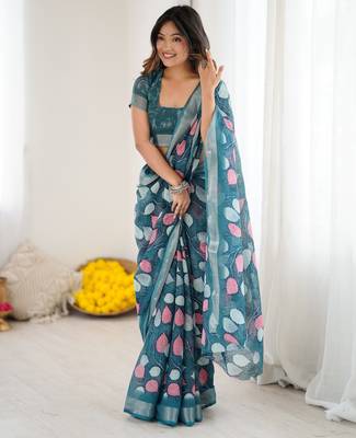 linen patta printed saree 1