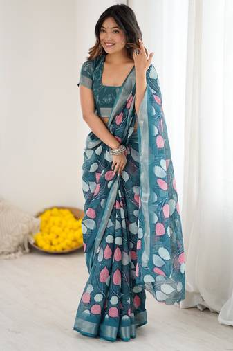 linen patta printed saree