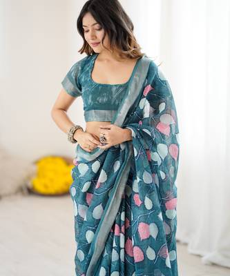 linen patta printed saree 5