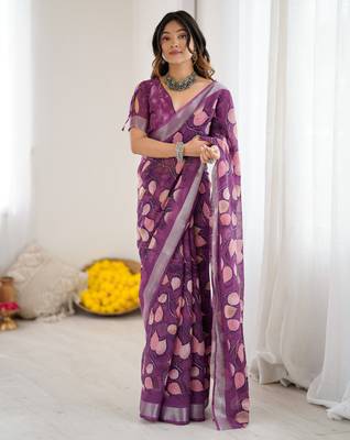 linen patta printed saree 1