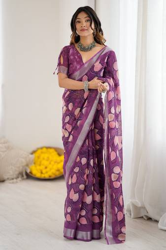 linen patta printed saree