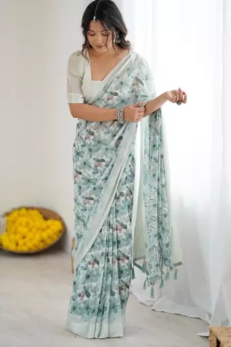 bright moss satin patta printed saree