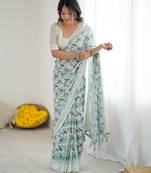 bright moss satin patta printed saree