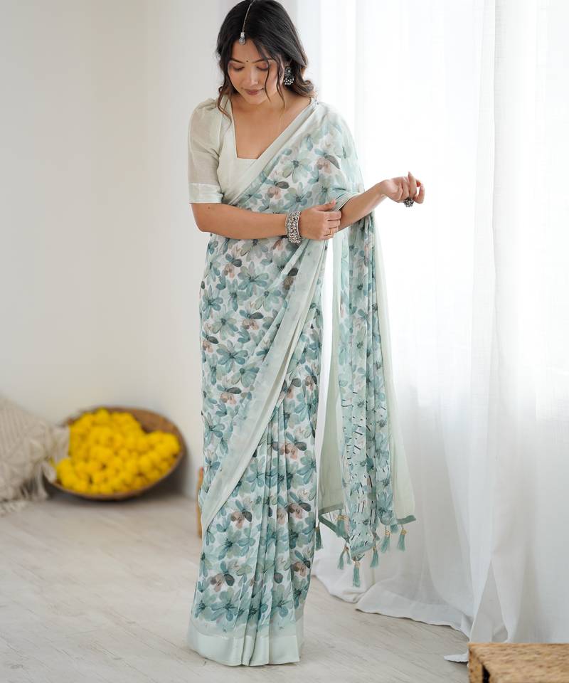 bright moss satin patta printed saree