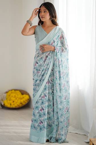 bright moss satin patta printed saree