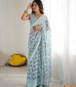 bright moss satin patta printed saree