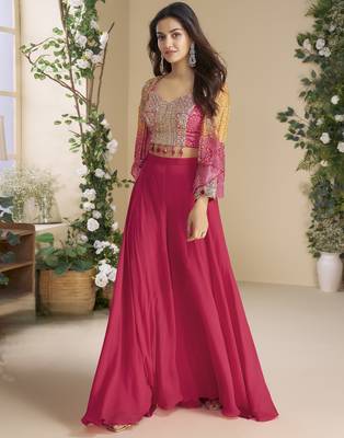 orange pink colour jacket style palazzo readymade suit set for festive 1