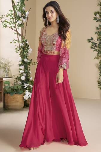 orange pink colour jacket style palazzo readymade suit set for festive