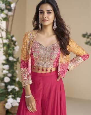 orange pink colour jacket style palazzo readymade suit set for festive 2