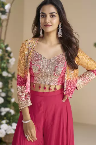 orange pink colour jacket style palazzo readymade suit set for festive
