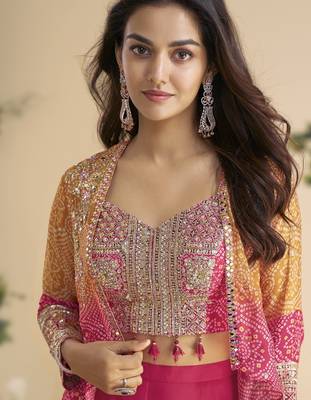 orange pink colour jacket style palazzo readymade suit set for festive 3