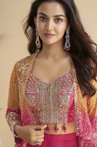orange pink colour jacket style palazzo readymade suit set for festive