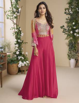 orange pink colour jacket style palazzo readymade suit set for festive 4