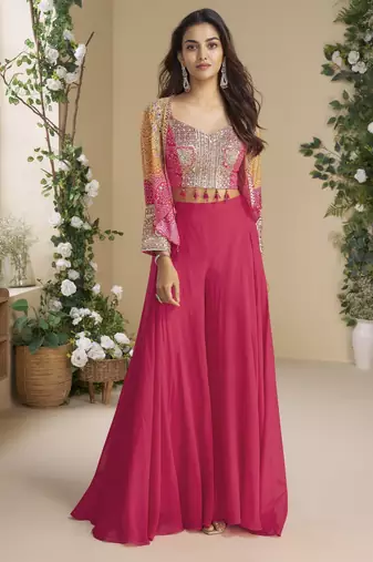 orange pink colour jacket style palazzo readymade suit set for festive