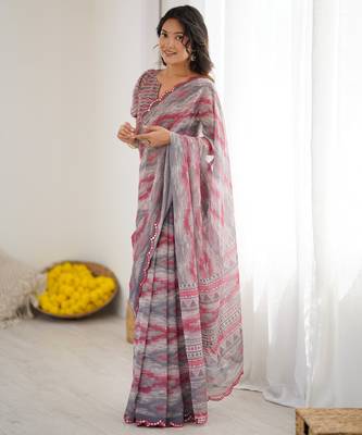 georgette printed saree with mirror work border 5