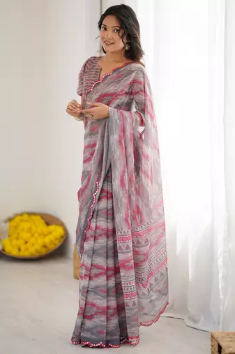 georgette printed saree with mirror work border