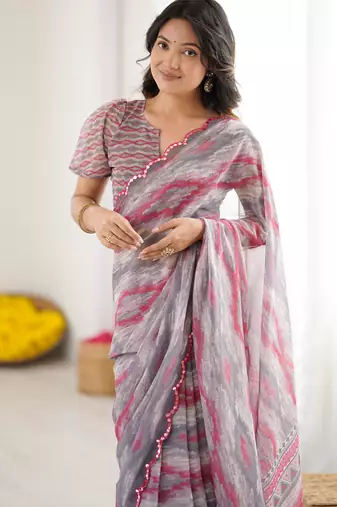 georgette printed saree with mirror work border