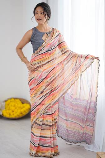 georgette printed saree with mirror work border