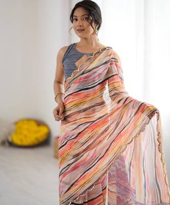georgette printed saree with mirror work border 6