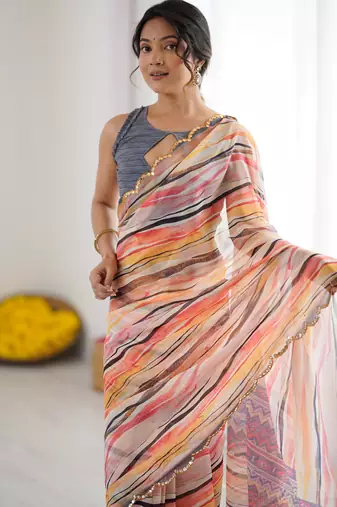georgette printed saree with mirror work border