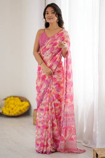 georgette printed saree with mirror work border