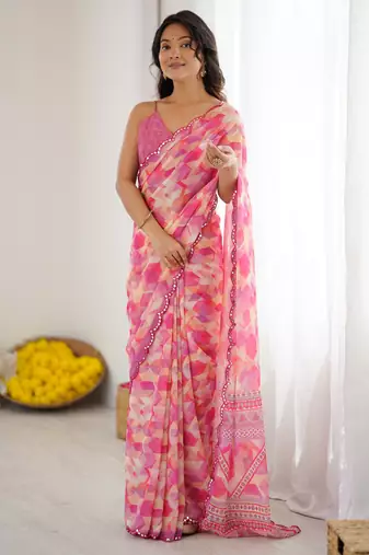 georgette printed saree with mirror work border
