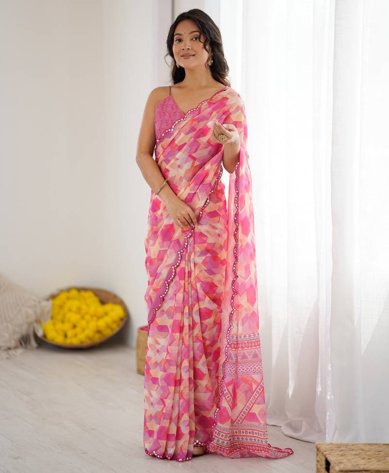 georgette printed saree with mirror work border