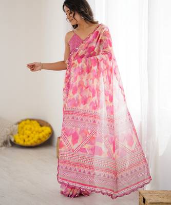 georgette printed saree with mirror work border 5