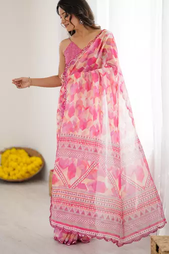 georgette printed saree with mirror work border
