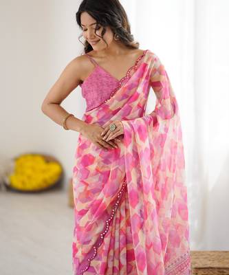 georgette printed saree with mirror work border 6