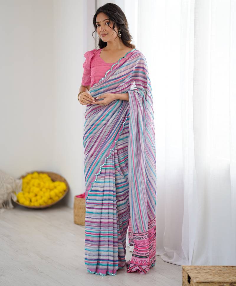 georgette printed saree with mirror work border