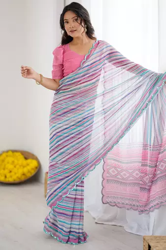 georgette printed saree with mirror work border